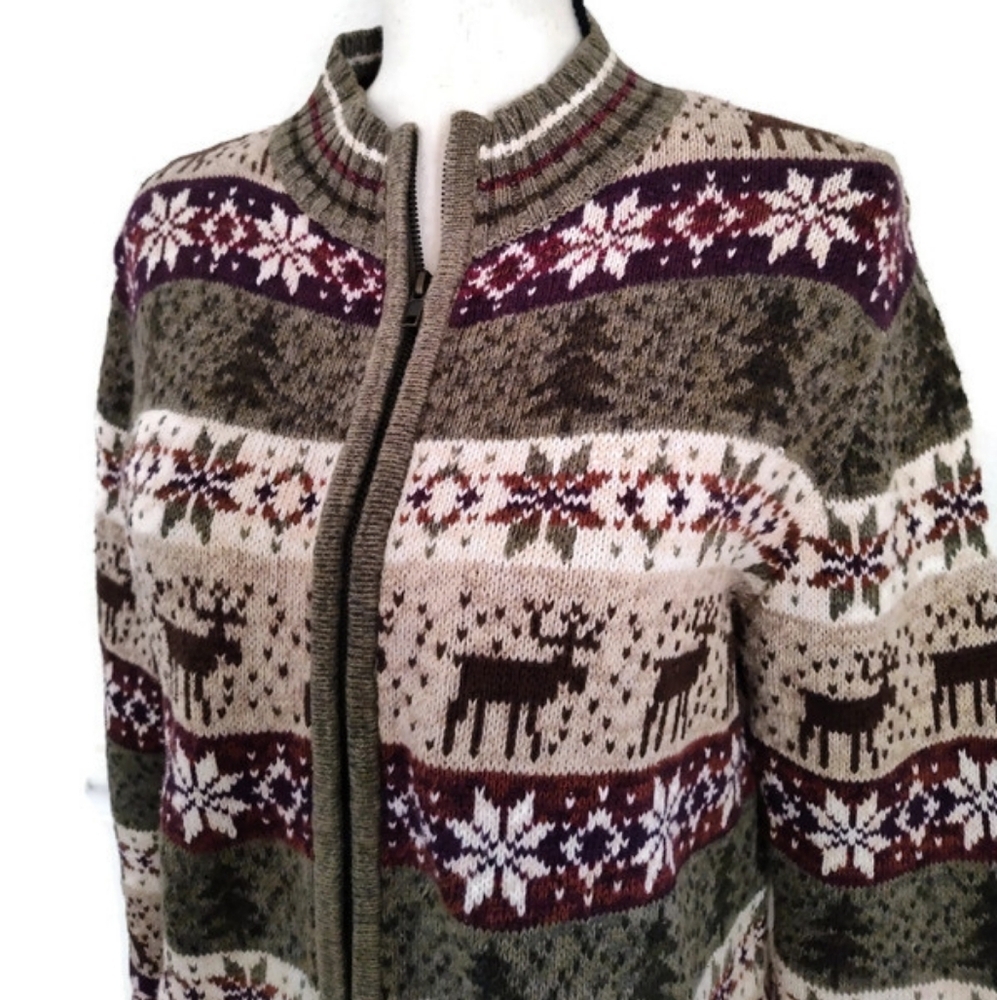 Vintage Womens Zip Up CardiganNordic Cabincore  Moose Design Size Small Medium